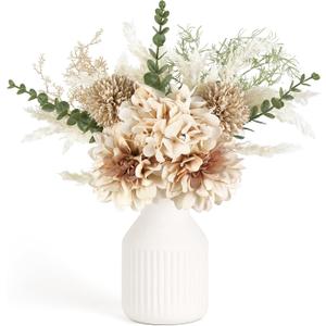 Mkono Small Artificial Flowers in Ceramic Vase Centerpieces Coffee Table Decor, Silk Flower Arrangements for Home Decor Indoor Fake Flower Bouquet for Bathroom Dining Room Kitchen (Brown, Medium)
