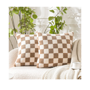 WACOMECO Decorative Throw Pillow Covers - Soft Sherpa Checkerboard Cushion Covers Faux Fur Pillow Cases for Sofa Bedroom Livingroom Car, 20 x 20 in, Khaki and Off White