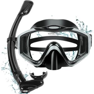 KUYOU Mask Fins Snorkeling Gear for Adults - Wide View Anti-Fog Mask, Full Dry Top Snorkel Gear Set (One Size Without Fins, Black)