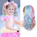 SEIKEA Ponytail Extension, 16" Lightweight Wavy Curly Clip in Hair Extensions, Colored for Kids, Crazy Hair Day Accessories for Girls Synthetic Hairpiece Pastel Rainbow