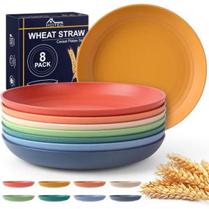 HOTEC 8-Pack 8inch Unbreakable Deep Dinner Plates, Wheat Straw Plastic Plates Dishwasher Safe Kitchen Plates Dinnerware Multicolor