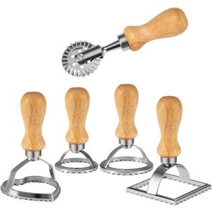 Ravioli Stamp Set (Set of 5), Ravioli Maker Cutter with Wooden Handlefor Ravioli, Pasta, Dumplings Lasagna, Pierogi, Leading Dough Cutter and Press Stamps