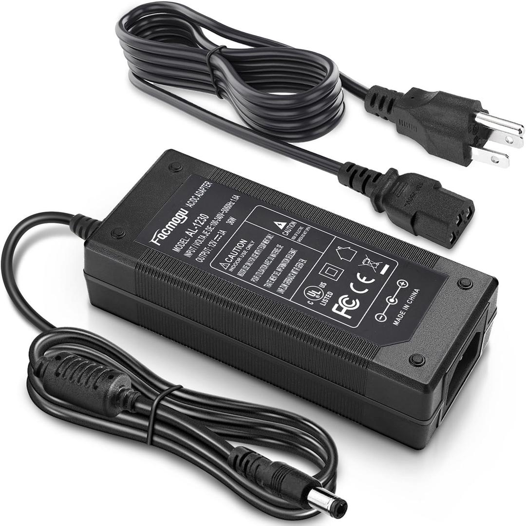 Facmogu 3 Prong DC 12V 3A 36W AC to DC Power Adapter, Desktop Adpater with 5.5x2.1mm & 2.5mm, 12V Power Switching Transformer, 12 Volt 3 Amp Power Supply Converter with 9.84ft/ 3m in Total Length (12V 3A (3 Prong Plug))