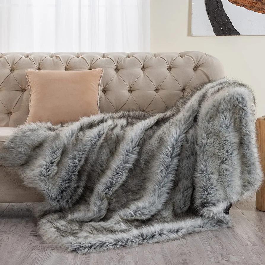 Asoran Luxury Faux Wolf Fur Throw Blanket, 60''x80'' Decorative Couch Blanket for Sofa Bed, Grey