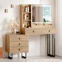 Large Vanity Desk with 3 Color Touch Screen Dimming Mirror, Vanity Desk with Charging Station, Modern Retractable Makeup Dressing Table, Makeup Table With storage shelves and 5 Sliding Drawers, Oak