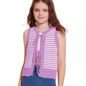 CharmWM Girls Sweater Vest Kids Casual Sleeveless Crochet Tops Color Block Tie Back Knit Tank Tops (7-8 Years, Light Purple)