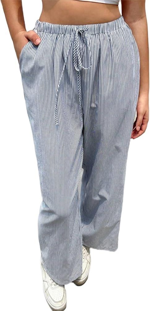 Girl's Wide Leg Casual Linen Pants Elastic High Waisted Long Loose Trousers, 16Y