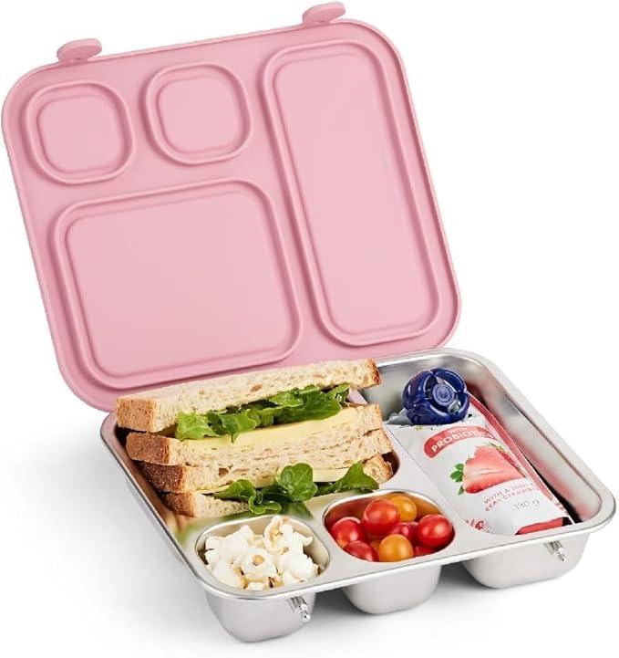 Elk and Friends Kids Stainless Steel Bento Box with Silicone Lid | Leakproof | Toddler Lunch Container | 4 Compartments | Dishwasher Safe, Blush