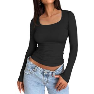 Trendy Queen Womens Long Sleeve Shirts Crop Tops Square Neck Going Out Basics Tees Y2K Winter Clothes 2025 (X-Large, Black)