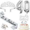 40th Birthday Decorations Women Silver with 40th Birthday Sash and Tiara, Cake Topper and Candles, Silver Number Balloons, 40 Year Old Gifts for Women
