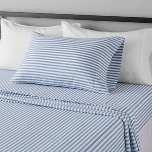 Amazon Basics Breathable, Brushed Microfiber Wrinkle Resistant 3 Piece Bed Sheet Set with 14-Inch Deep Pockets, Twin, Dusty Blue Pinstripe, Printed