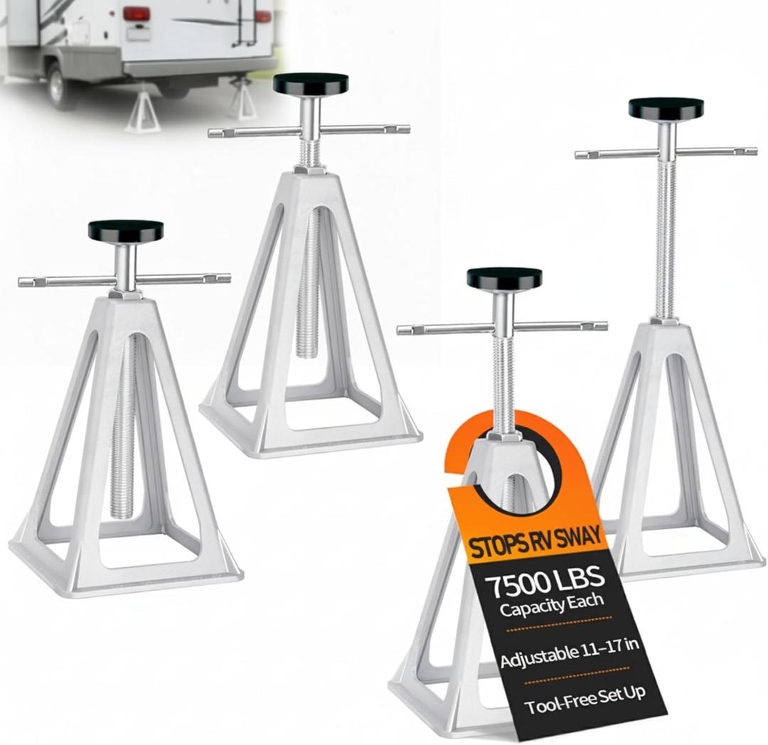 RV Stabilizer Jacks Set of 4, 7500 lbs Capacity Each Adjustable 11"-17" Aluminum Trailer Jack Stands for Travel Trailers & Campers, Anti-Sway Screw Jacks with Rubber Pads