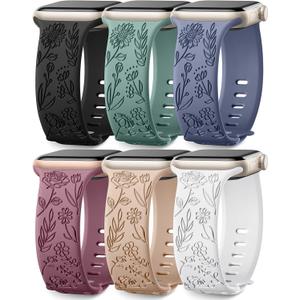 SNBLK 6 Pack Floral Engraved Bands Compatible with Apple Watch Bands  Women Men, Silicone Flower Pattern Strap for iWatch Series 11 10, Size: 38mm/40mm/41mm/(42mm-Series 11 10)