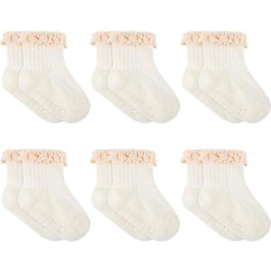 6 Pairs Baby Girl Ruffle Socks Non Slip Grippy Cotton Frilly Ankle Crew Fancy Dress Socks for Newborn Infant Toddler (US, Age, 6 Months, 12 Months, beige) (Beige, XS)