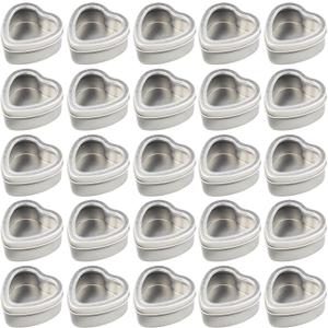 25-Pack 2oz Empty Heart Shaped Mini Metal Tins with Clear View Window Lids for Candle Making, Candies, Gifts & Treasures (Silver)