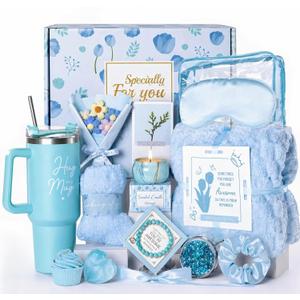 15 Pcs Get Well Soon Gift Baskets for Women, Mother's Day & Birthday Gifts for Mom, Wife, Friend, Care Package with Soft Blanket & Insulated Tumbler, Blue