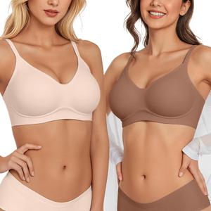 Vertvie Wireless Bras for Women Full Coverage Supportive Seamless Bralettes No Underwire Push Up Comfort Soft T-Shirt Bra (Large, Nude+coffee)