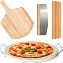 5 PCS Round Pizza Stone Set, 13" Pizza Stone for Oven and Grill with Pizza Peel(OAK),Serving Rack, Pizza Cutter & 10pcs Cooking Paper for Free, Baking Stone for Pizza, Bread