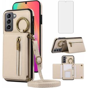 Asuwish Compatible with Samsung Galaxy S22 Plus S22+ 5G Wallet Case with Screen Protector and Crossbody Shoulder Strap Buckle Card Holder Cell Phone Cover for S22+5G S22plus 22S + S 22 22+ Women Beige