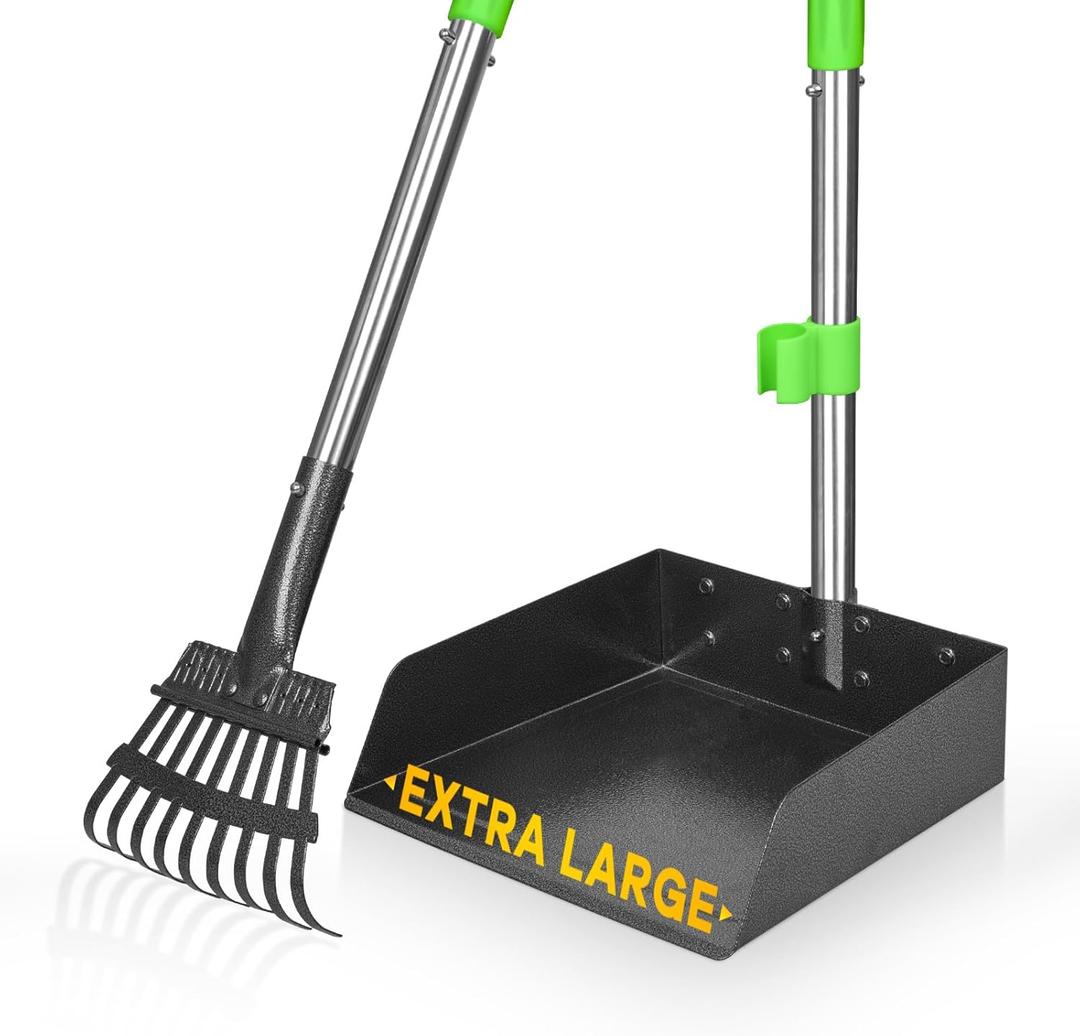 TOOGE Larger Pooper Scooper for Large Dogs, Dog Pooper Scooper for Large Medium Small Dogs Long Handle Stainless Metal Tray and Rake Set Heavy Duty