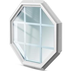 Riakrum 1 Pcs 24"x24" Vinyl Octagon Shed Window with Grill Vinyl Octagon Gable Flush Mount White Window with Grids and Tempered Clear Glass Heavy Duty Frame for Sheds Playhouses and Chicken Coops