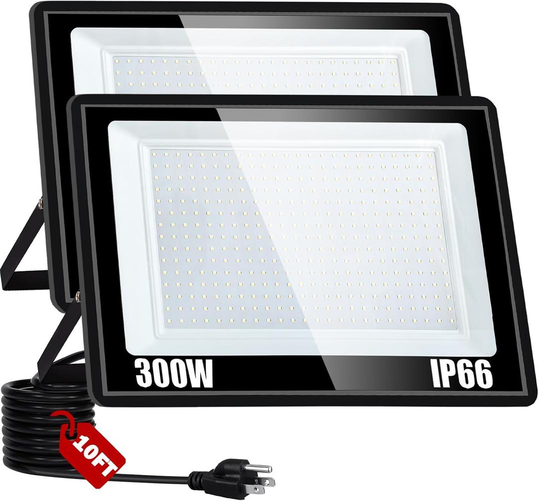 300W LED Flood Light, 36000LM Floodlight with Plug,IP66 Waterproof Outdoor Lights, 5000K Daylight White Security Lights,Outdoor Floodlight for Yard Stadium Garden, 2 Pack