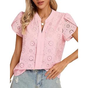 Kate Kasin Women's Summer Dressy Casual Blouses Short Petal Sleeves Eyelet Lace Embroidered Tops Shirts V Neck Tshirt L