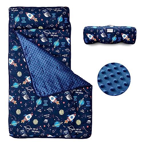 beeweed Toddler Nap Mat, Rollup Design Kid Sleeping Mat with Removable Pillow & Minky Blanket, Toddler Sleeping Bag for Daycare Preschool Travel Camping, Space Ship, Nap mat size (including pillow): 23” x 52”, Blanket size: 31” x 42”