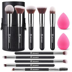 BEAKEY 13PCS Makeup Brush Set with Case & 2 Sponges, 10 Brushes Full Face Kit, Beginner Friendly, Soft Synthetic Bristles for Smooth Even Application, Travel Kit for Face & Eyes