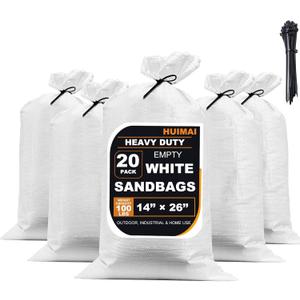 Heavy Duty Sand Bags for Flooding with Tie Strings, 20 Pack Empty Woven Polypropylene Sandbags for Hurricane Flood Control, 100 lbs Capacity, 14x26 inches, White
