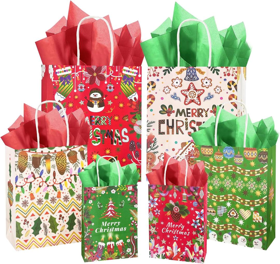 qiqee Christmas Paper Gift Bags with Tissue Paper Handles Assorted Sizes 30PCS (Large 12", Medium 11", Small 8"60pcs Tissue Paper) (Christmas Red, Green & White)