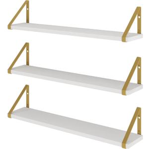 Wallniture Ponza White Floating Wall Shelves with Gold Color Metal Brackets, Living Room, Bedroom, Bathroom, Home Office Decor, Set of 3