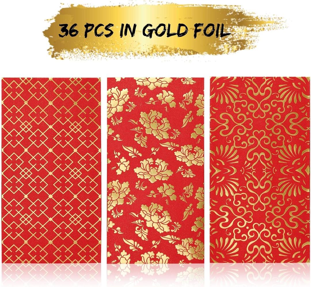 Heavy Duty Chinese New Year Red Envelopes, Red Pocket Envelopes Chinese Hong Bao Gift Lucky Money Envelopes, 3 Designs 36-Pack, 3.5 x 6.7 Inches (Gold)