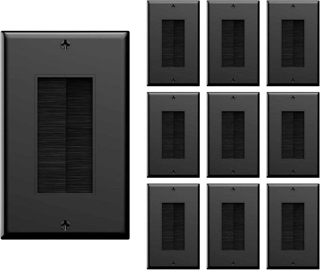 VCE Brush Wall Plate 10-Pack, Cable Pass Through Insert for Low Voltage Wires, Single Gang Cable Outlet Cover, In-Wall Management for Mount TV, Black
