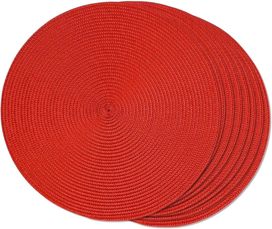 FunWheat Round Braided Placemats Set of 8 Place Mats for Dining Table Woven Washable Non-Slip Table Mats 15 Inch(Red,8pcs)