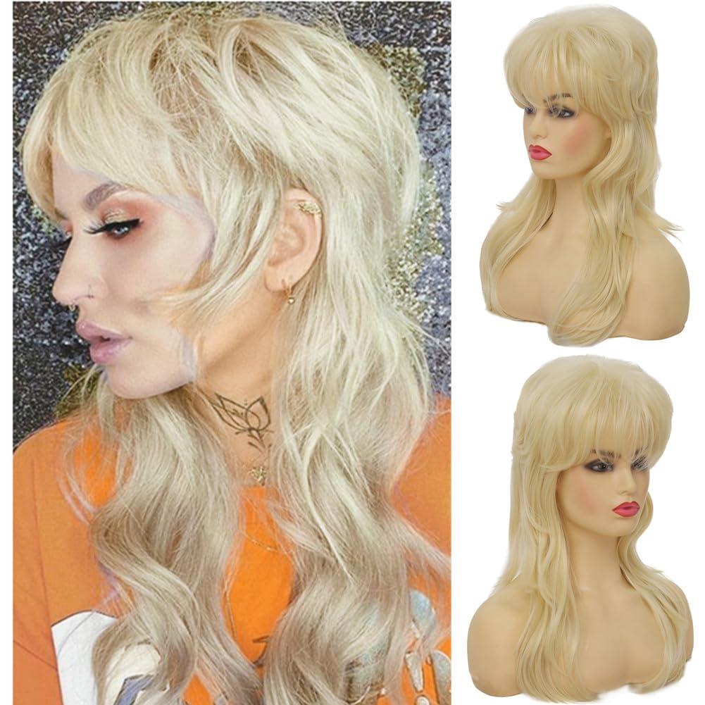 Blonde Mullet Wigs for women Shaggy Layered Wig with Bangs Shoulder Length Soft Natural Wavy Shags Wig 80s Rocker Halloween Daily Party Costume Use
