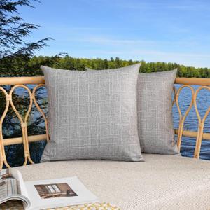 Kevin Textile Pack of 2 Outdoor Waterproof Pillow Covers Throw Pillow Covers Decorative Pillowcases Checkered Weaving Linen Pillow Cases for Sofa Couch Patio Garden 24x24 Inch Grey