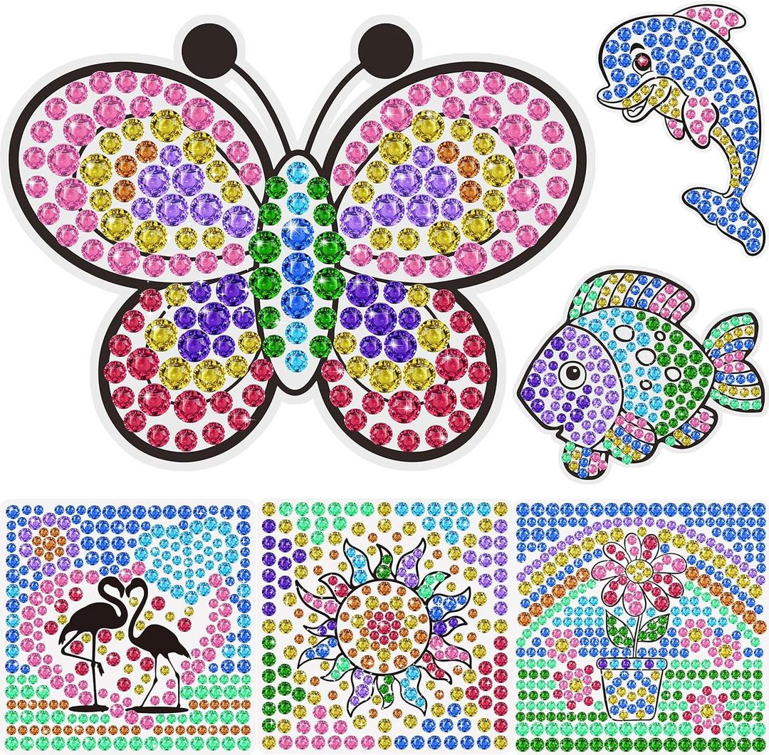 Yazhiji 6 Sheets Diamond Window Art Craft Kits for Kids, Suncatcher Kit for Ages 6 7 8 9 10 Flower Sun Dolphin DIY Painting Kit for Girls or Boys Ages 6+ Gemstone Sticker as Christmas Party Decor