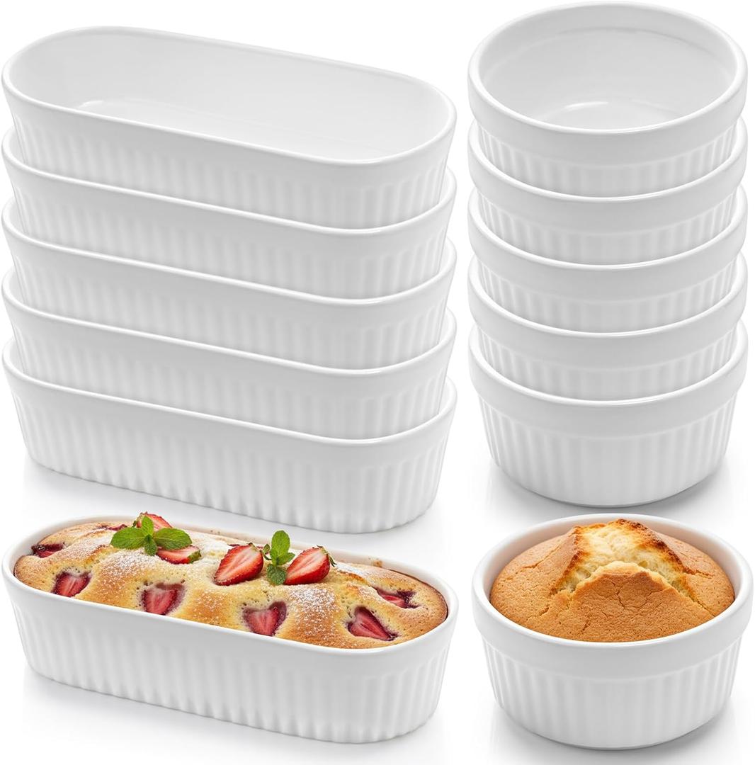 LemonRoad 12 Piece Oven-safe Porcelain Bakeware Set, Including 6 Pcs 6oz Round Ramekins and 6 Pcs 8oz Oval Baking Dishes, Perfect for Crme BrLe, Lava Cake, Souffls, and More, White