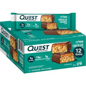 Quest Nutrition Crispy Chocolate Coconut Hero Protein Bar, 15g Protein, 1g Sugar, 3g Net Carbs, Gluten Free Protein Snack, Keto Friendly, 12 Count BB 01/21/2026