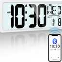 Bluetooth Time Sync Digital Wall Clock Battery Operated with Backlight, Auto DST Large Digital Wall Clock with Day, Date & Temperature, 15'' Large Digital Clock for Home, Bedroom, Office (White)