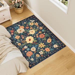 DUKINO 3x4 Area Rug, Lightweight Non Slip Washable Floral Rug, Indoor Low Pile & Non-Shedding Boho Design Carpets for Bedroom, Kitchen, Dining Room, Navy Blue