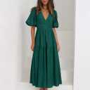 Women's Summer Deep V Neck Puff Short Sleeve Tiered Maxi Dress Flowy A Line Long Dresses (Green, L)