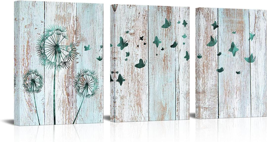Visual Art Decor Rustic Teal Dandelion Butterflies Canvas Wall Art Prints Rustic Teal Home Bedroom Office Wall Decoration Framed Ready to Hang 12inx16inx3Pieces