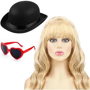 Riceshoot 3 Pcs Halloween Singer Costume Accessories Include Blonde Wig Black Bowler Hat with Red Heart Sunglasses for Costume Party Music Festival Concert