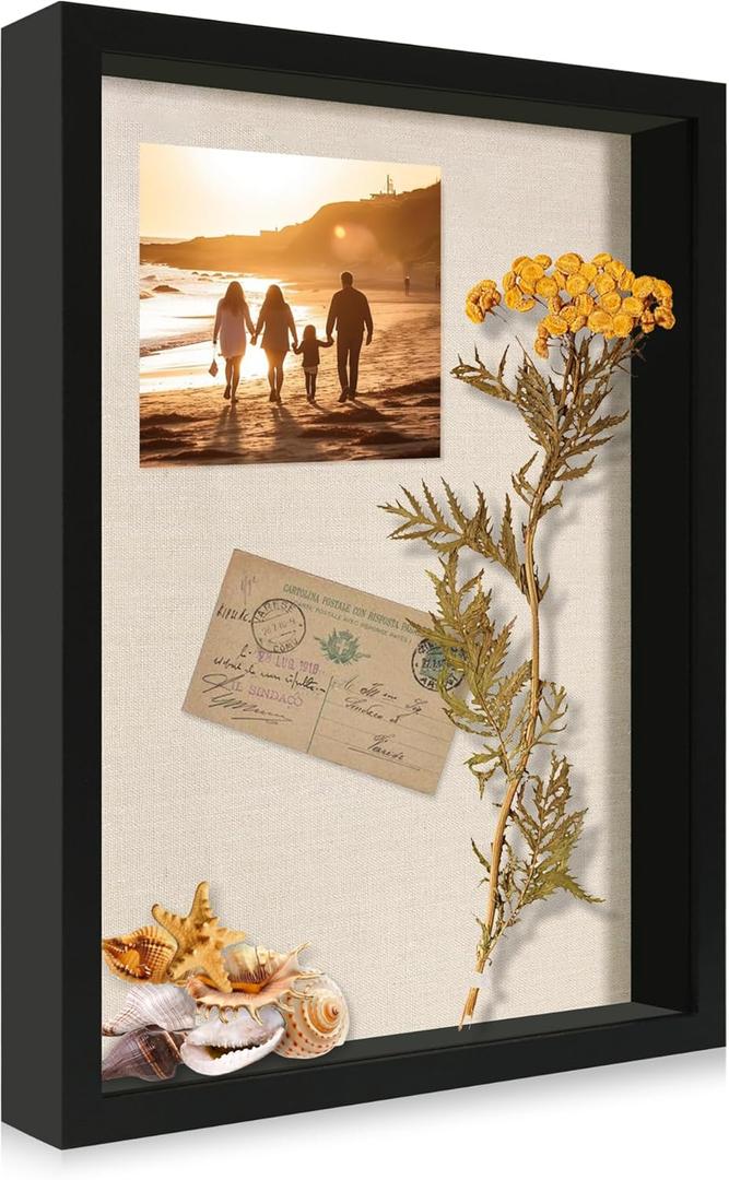 12x16 Large Shadow Box Picture Frame Display Case with Soft Linen Back, Black Wooden Memory Shadow Box Frame with Tempered Glass Cover for Wall Display