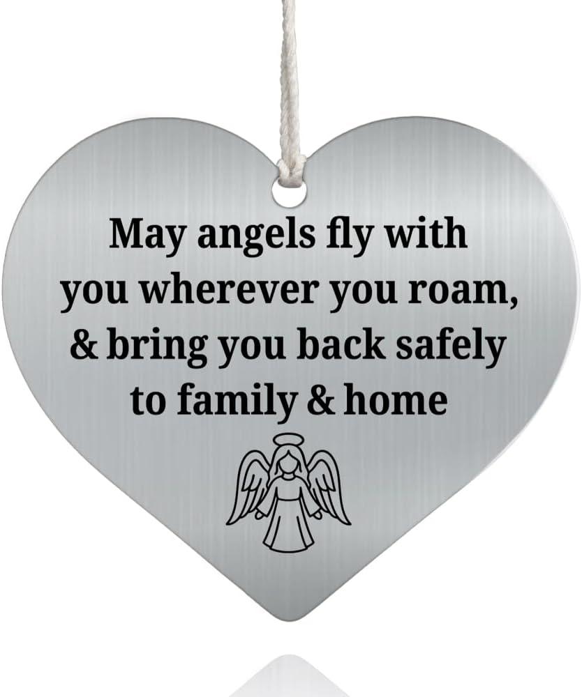 XQLZY May Angels Fly with You Wherever You Roam & Bring You Back Safely to Family & Home Stainless Steel Love Rear View Mirror Car Charm, Guardian Angel Gifts for Men Women Family Friend Driver