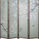 MyGift 4-Panel Asian-Inspired Folding Room Divider with Cherry Blossom Tree & Bird Design Poetry Calligraphy and Brown Wooden Frame 78''W x 70.5''H(6FT)
