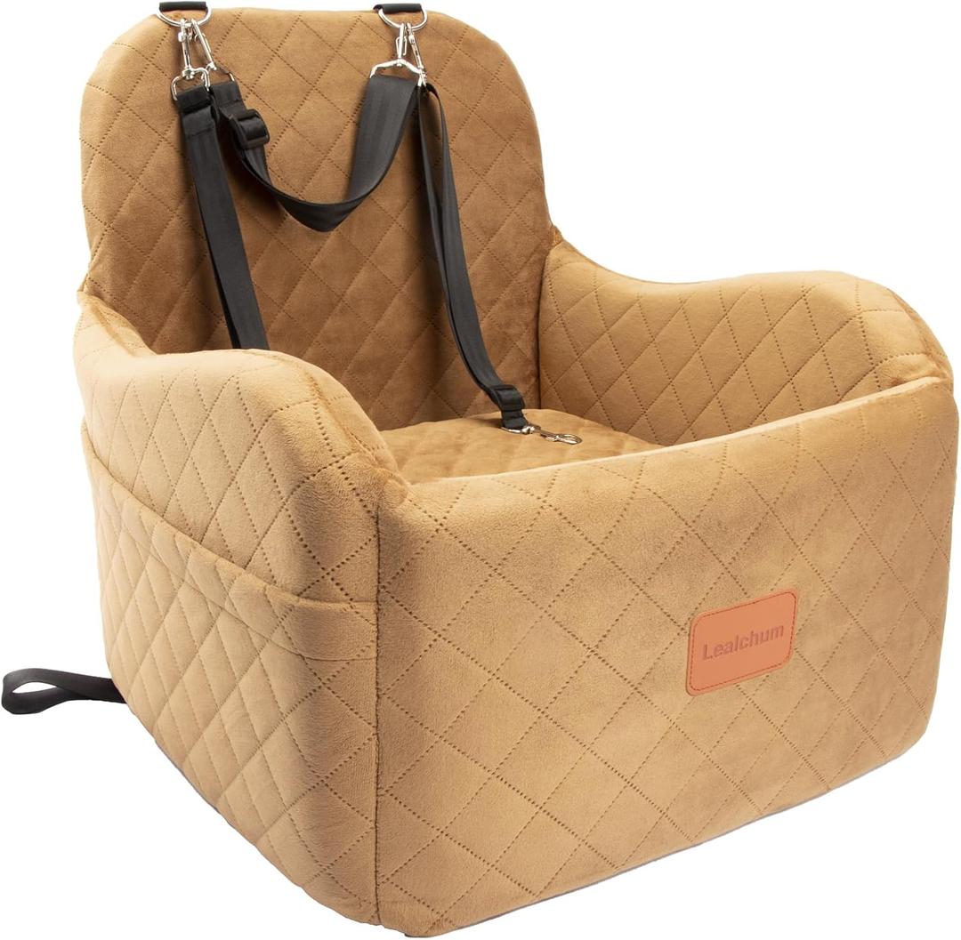 Dog Booster Car Seat for Small/Medium Dogs,Ultra Soft Fabric Filling Memory Foam,Fully Detachable and Washable,Anti-Slip Base,3 Straps Easy to Install (Coffee,Medium)