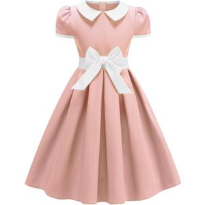 Kids 1950s Vintage Dresses for Girls 50s Outfits Doll Collar Bowknot Audrey Hepburn Rockabilly Cocktail Party Swing Dress Short Sleeve Pleated Retro 50's Style Tea Prom Church Clothes Pink 5-6 Years